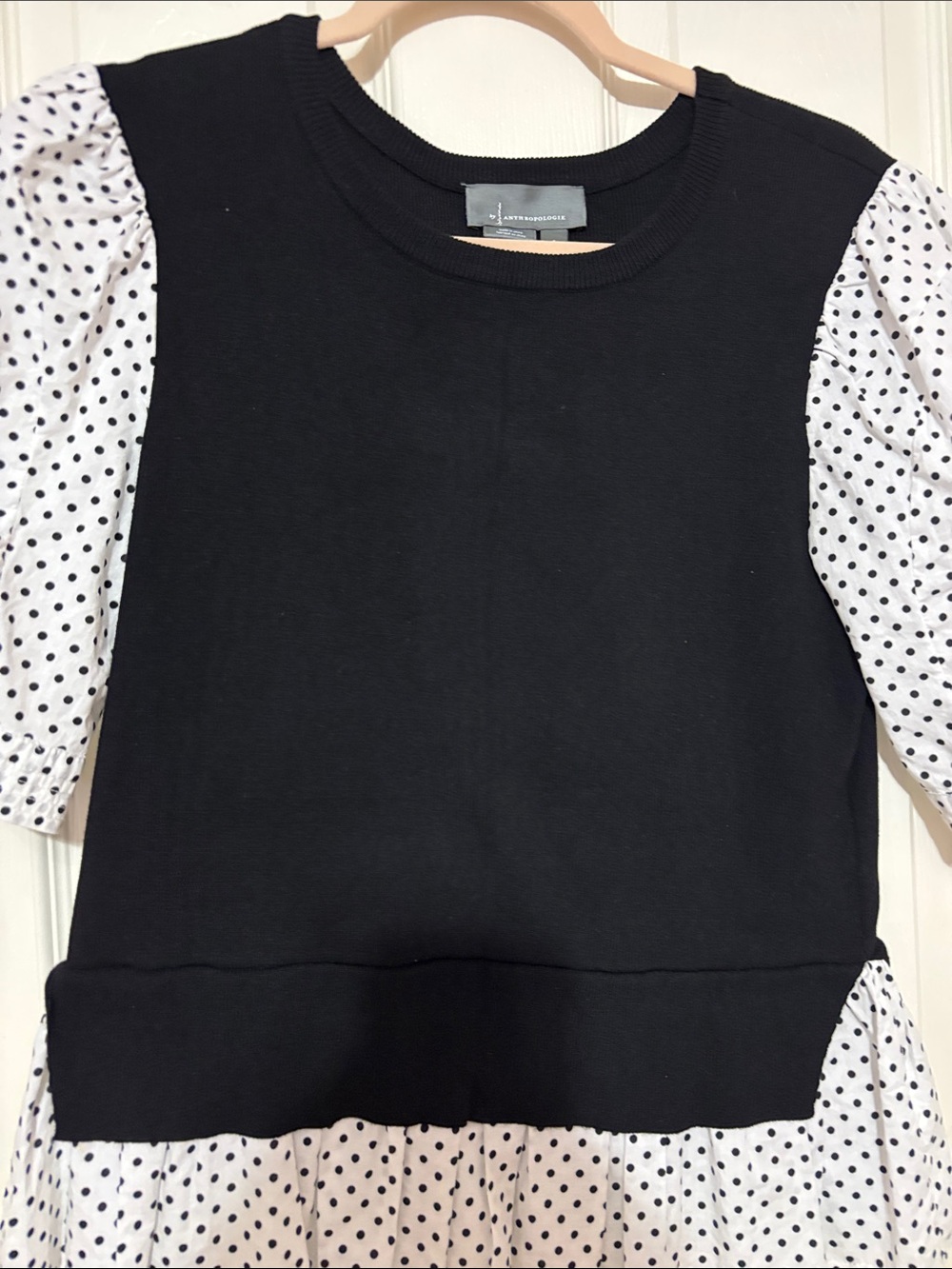 Anthropologie Layered Poplin Floral Puff-Sleeve Sweater Top Black Polka Dot S